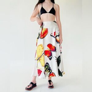 Neiman Marcus White Butterfly-Print A-Line Skirt with Yellow & Red Accents